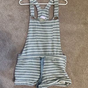 Pink Lily gray & white striped overalls. Size L.